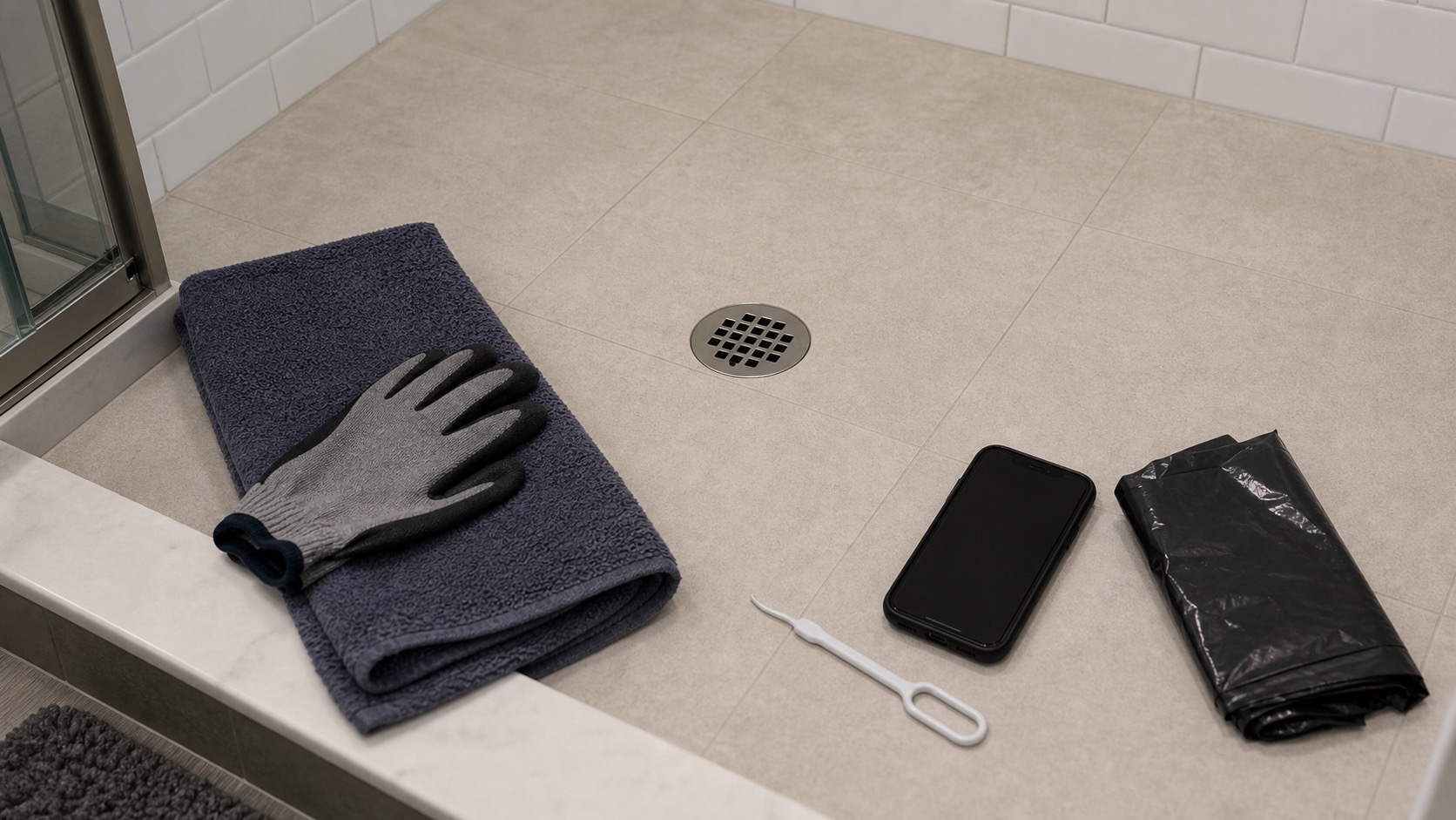 Shower drain with gloves, paper towels, and a small plastic drain tool nearby.