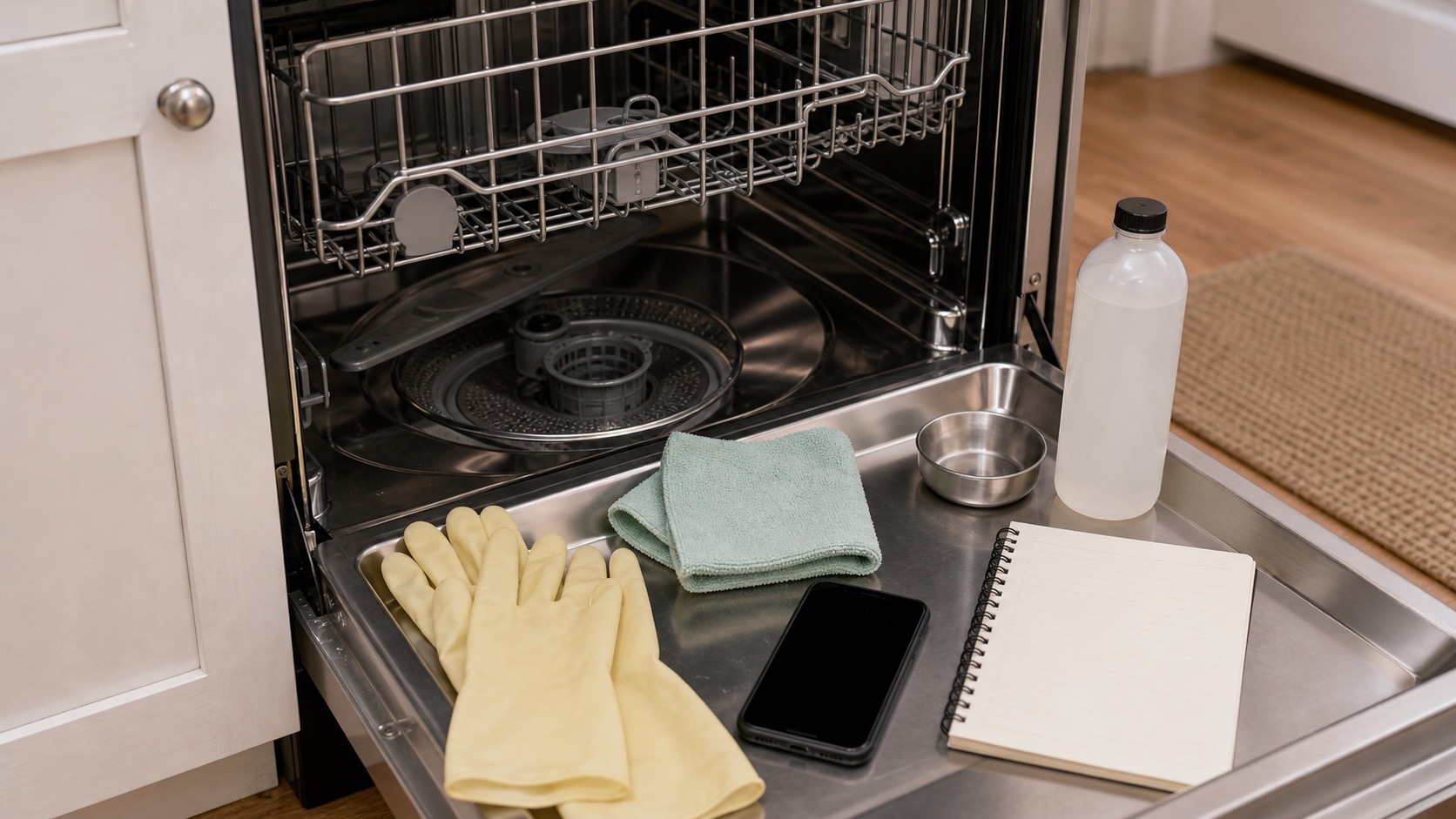 Open apartment dishwasher with lower rack pulled out, gloves, soft cloth, and small brush for odor cleaning.