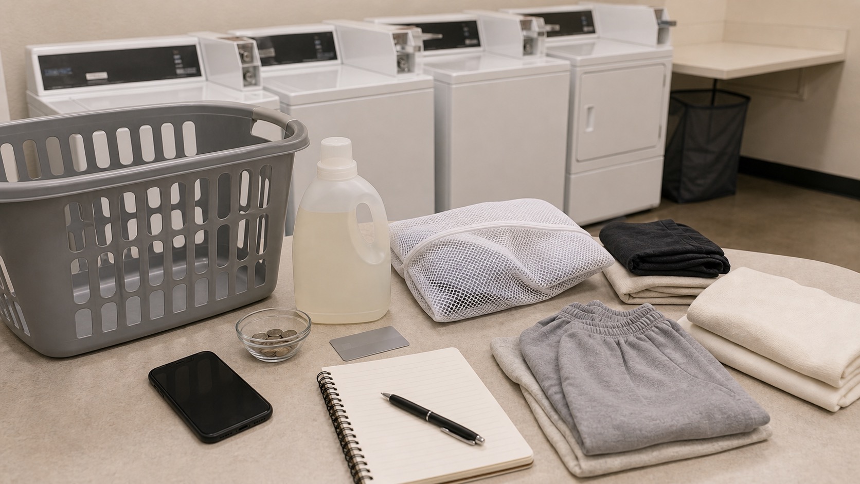 Shared apartment laundry room with washers, sorted clothes, laundry basket, detergent cup, and mesh bag.