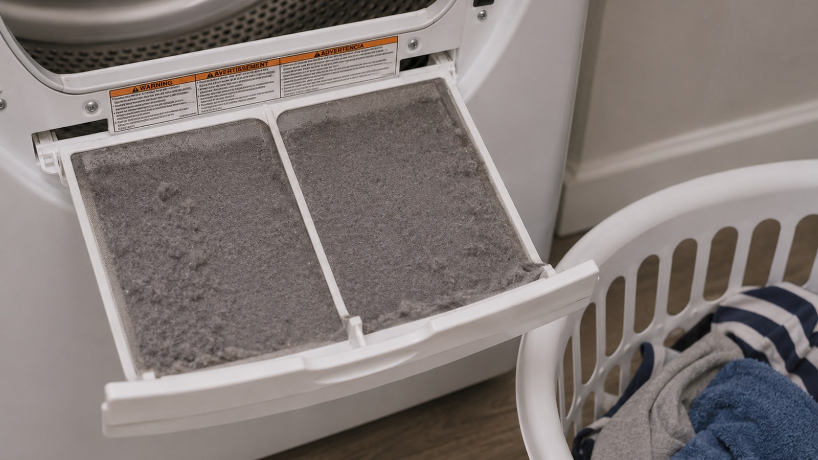 Apartment dryer lint screen being cleaned with a laundry basket nearby for a safe drying-time check.