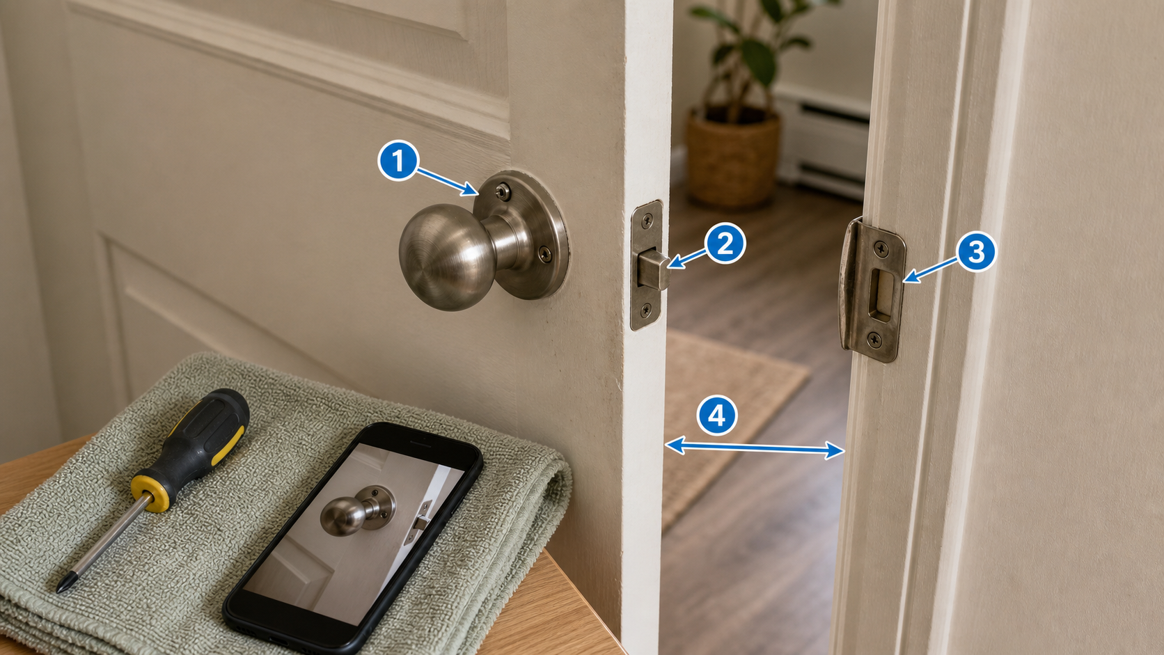 Interior door handle process map showing screws latch strike plate and door gap