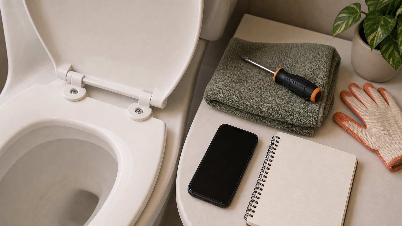 Toilet seat hinge area with a screwdriver, folded towel, and small bowl for hardware.