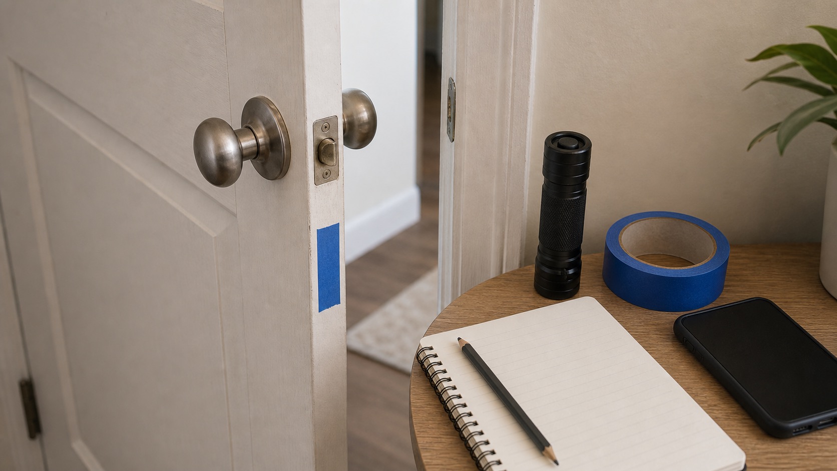 Interior apartment door edge with hinge screws, painter tape marking a rub spot, and simple hand tools.