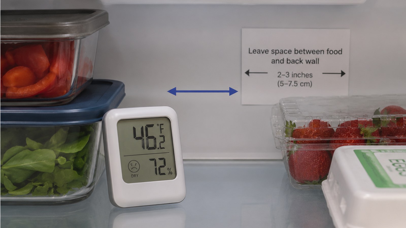 Open refrigerator with an appliance thermometer, visible airflow space, and notes for documenting cooling problems.
