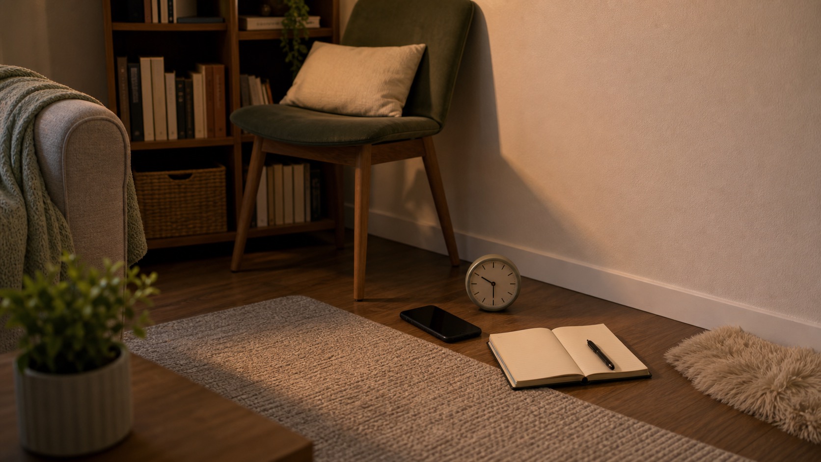 Apartment shared-wall area with rug, phone, notebook, throw blanket, and table lamp.