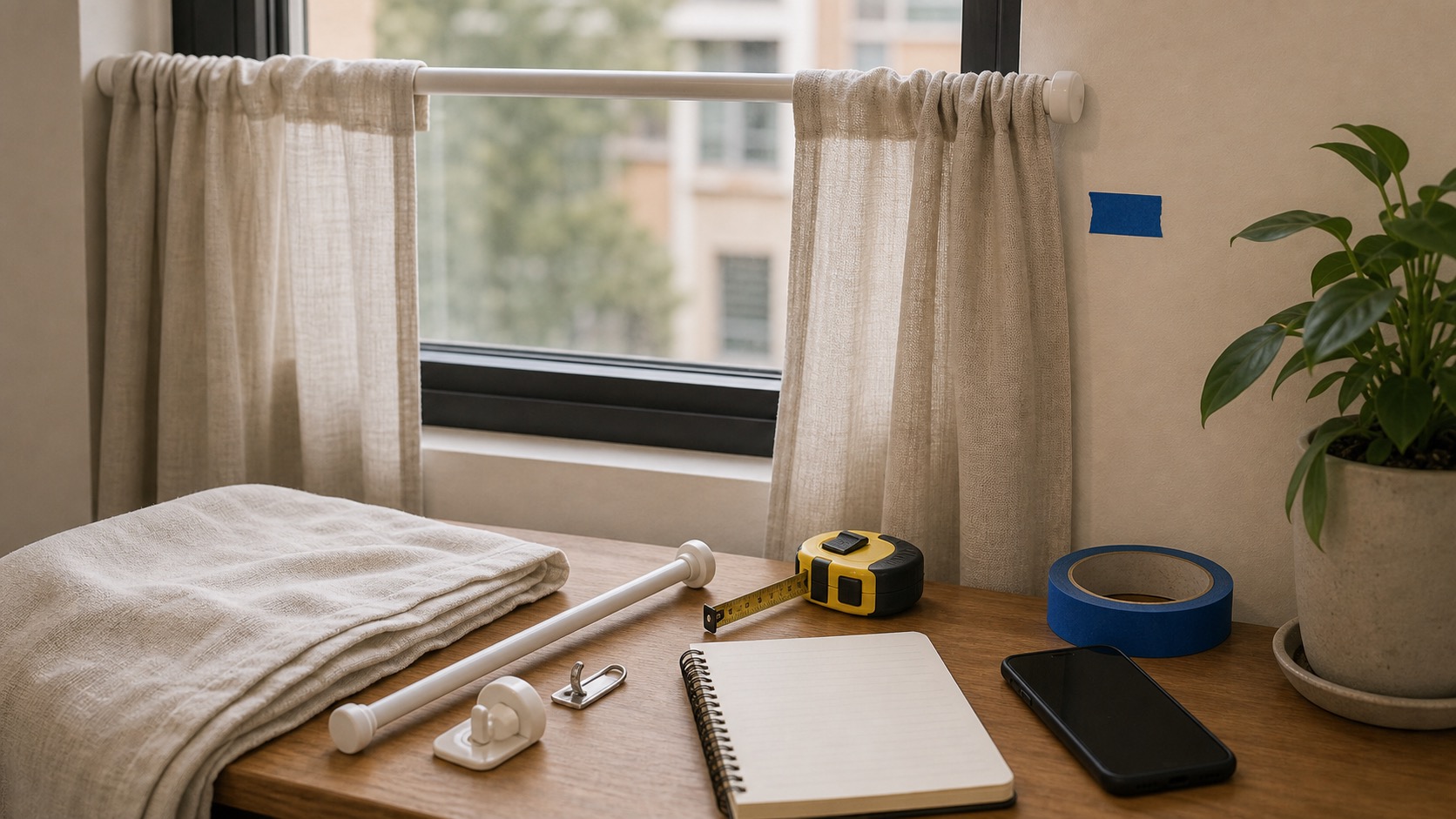 Apartment window with a no-drill curtain setup, measuring tape, removable hooks, and step stool.