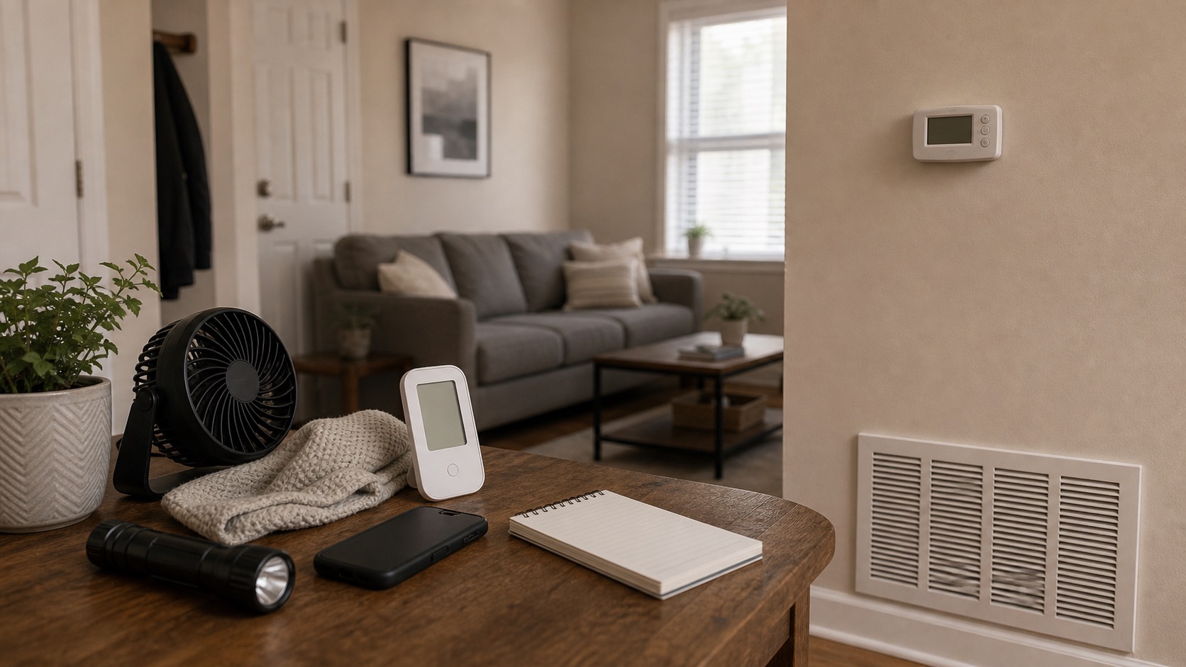 Apartment thermostat, open vent, thermometer, phone, and notebook during an HVAC check.