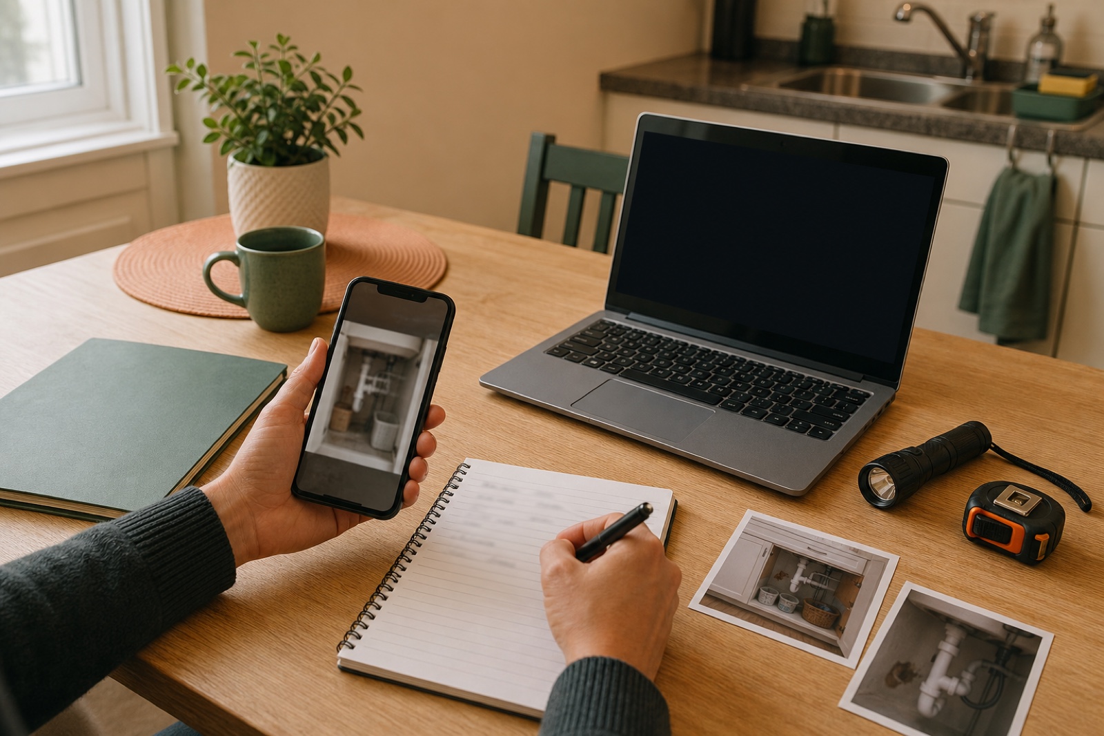Renter documenting an under-sink maintenance issue with a phone, printed photos, notebook, flashlight, and tape measure at a kitchen table.