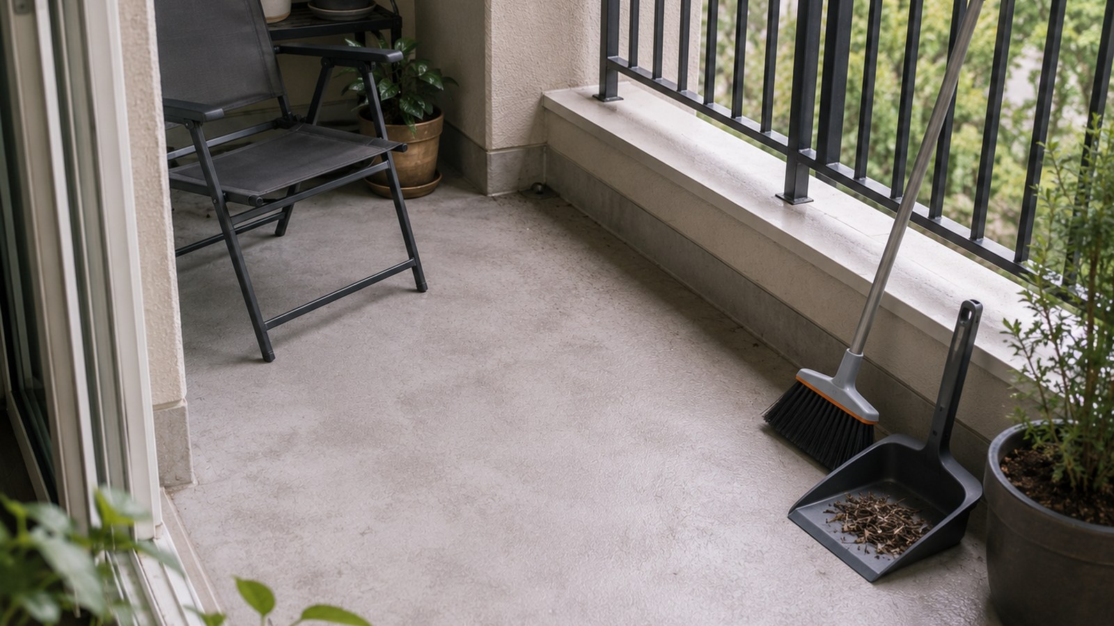 Small apartment balcony with broom, dustpan, chair, plant, and clear floor inside the railing.