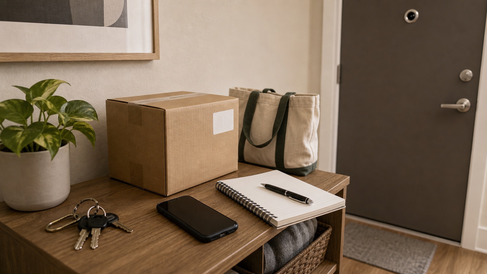 Apartment mail and package pickup setup with a blank parcel, keys, phone, and notebook.