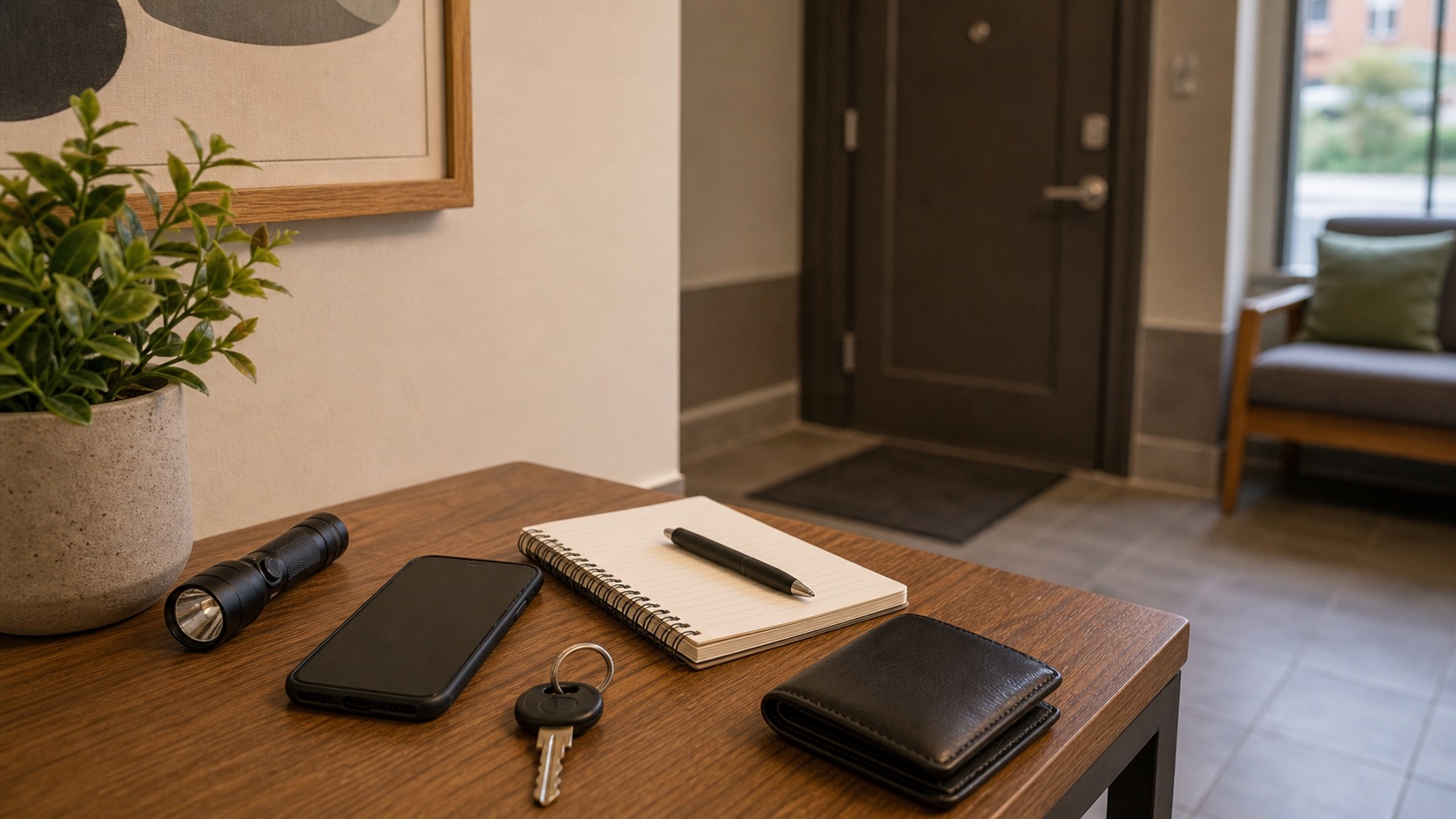 Keys, phone, wallet, and notebook on an entry table near a closed apartment door.