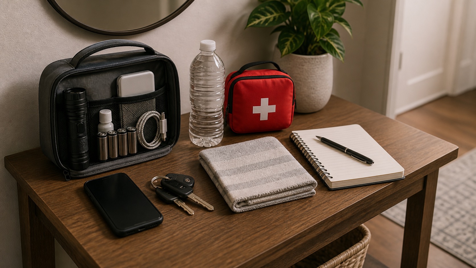 Compact apartment emergency kit with flashlight, spare batteries, first aid pouch, water, power bank, snacks, and contact card.