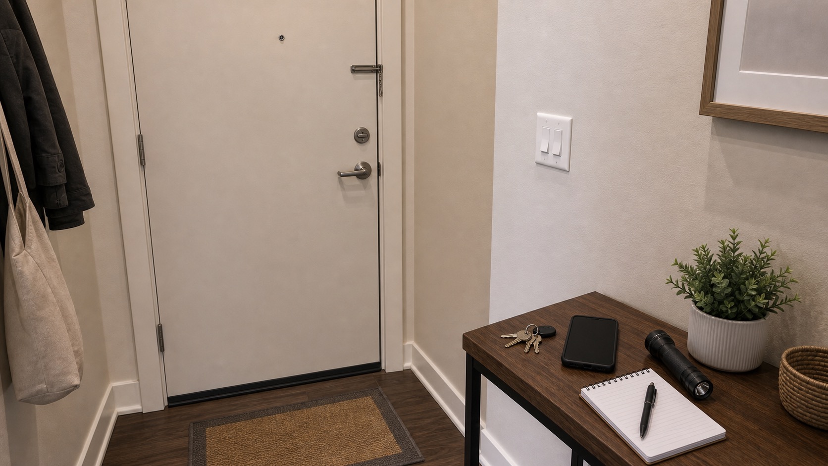 Apartment front door latch area with keys, phone, mat, and maintenance note nearby.