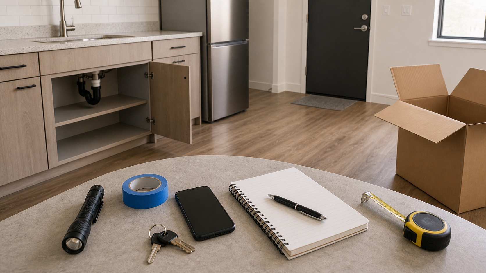 Move-in inspection setup with boxes, keys, phone, tape measure, and blank checklist.