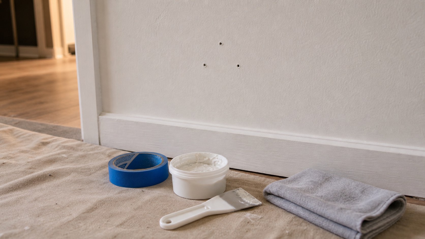 Small drywall holes with patching putty, a putty knife, painter tape, and a drop cloth.