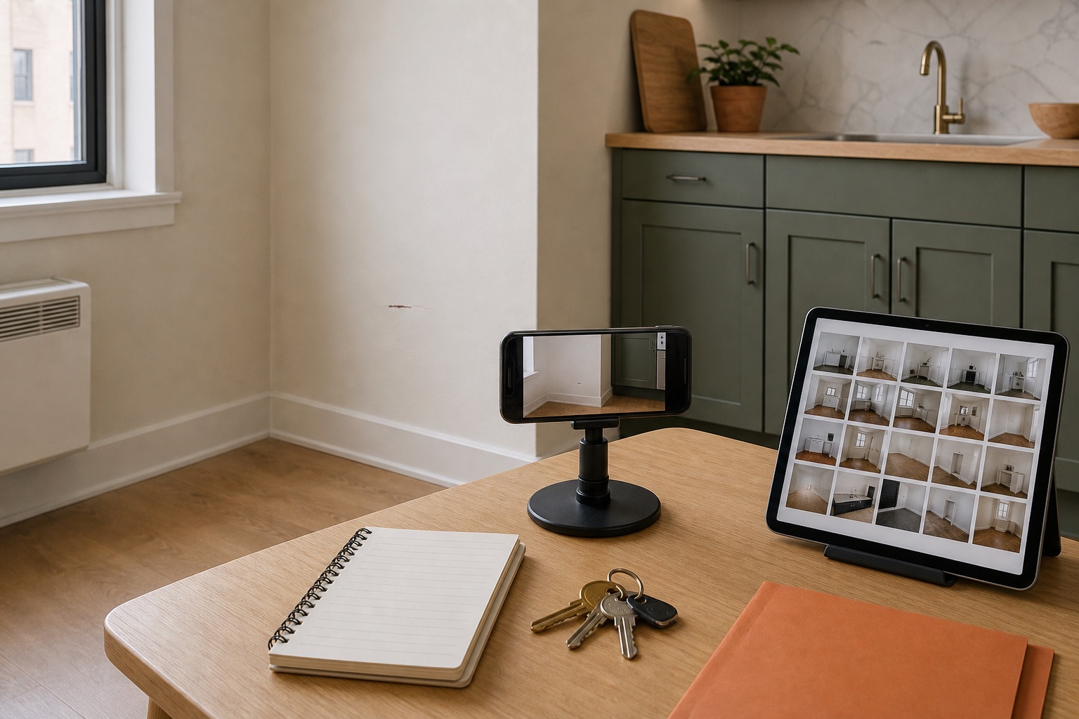 Object-only rental photo record setup with a phone photographing a small wall scuff, an organized image archive, notebook, keys, and folder in a dry apartment.