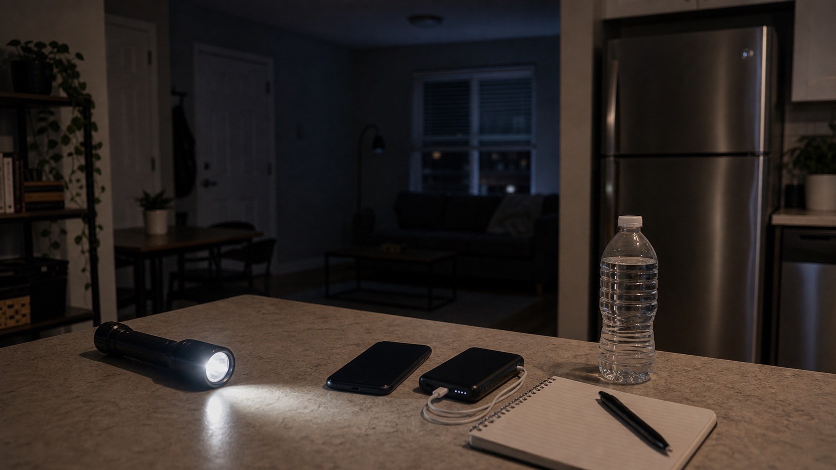 Flashlight, phone, power bank, and keys on a table during a power outage.