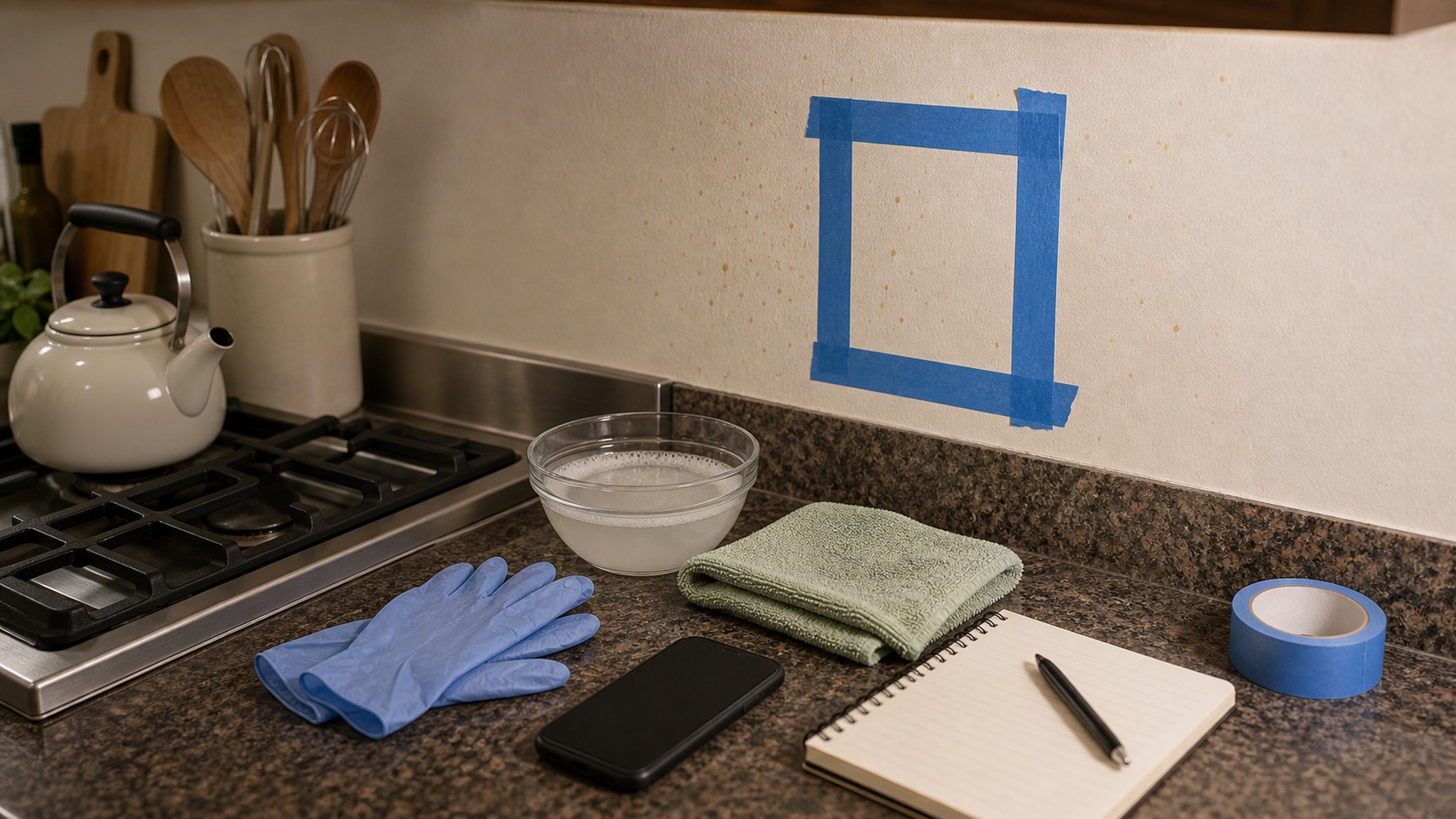 Painted kitchen wall near a cooled stovetop being wiped gently with a cloth and mild soapy water.