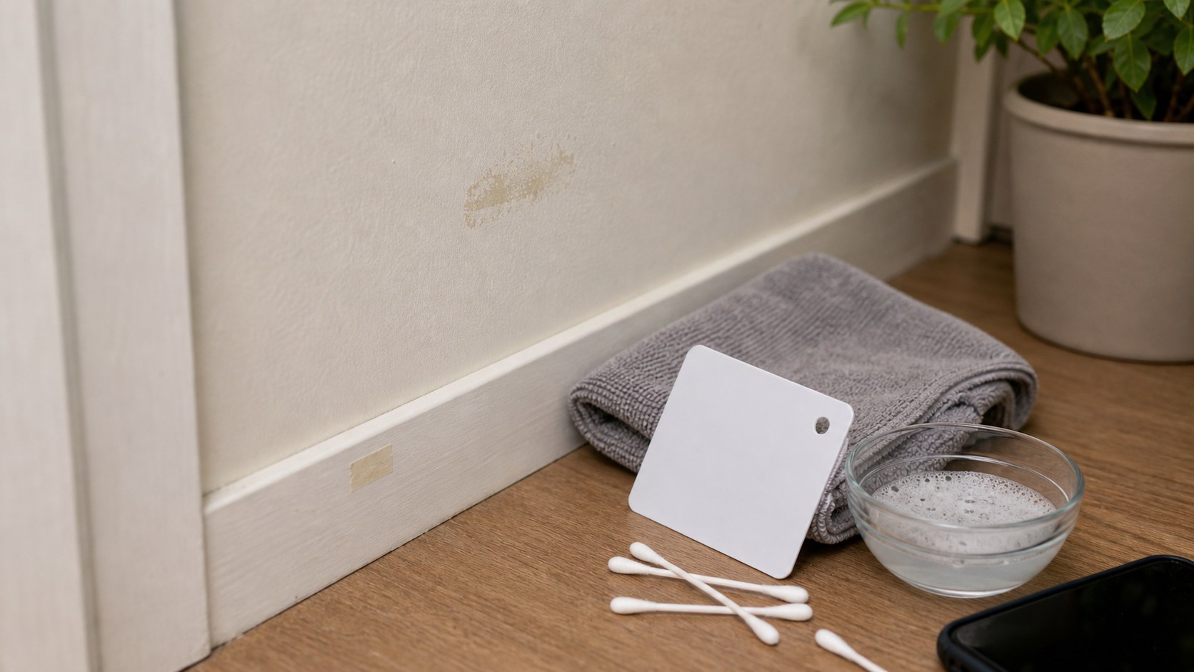 Small sticky residue spot on a rental surface with a soft cloth, plastic card, and mild soapy water.