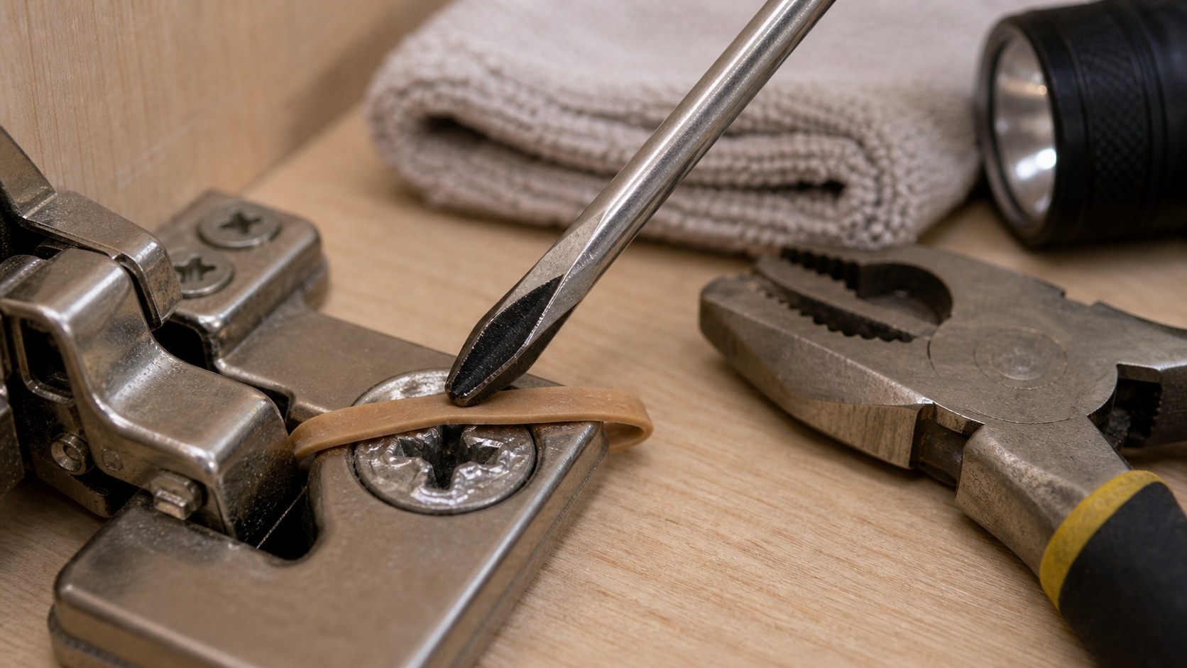 Stripped screw head with a rubber band, manual screwdriver, pliers, and protective cloth.
