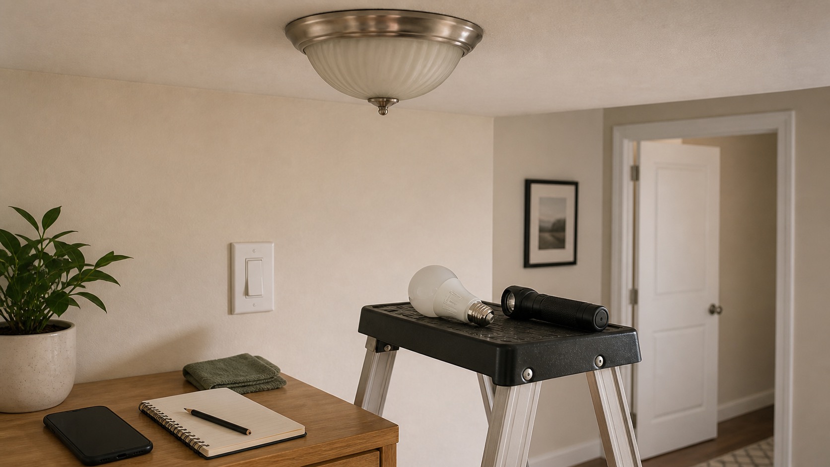 Replacement light bulb, stable step stool, wall switch area, and lamp in an apartment room.