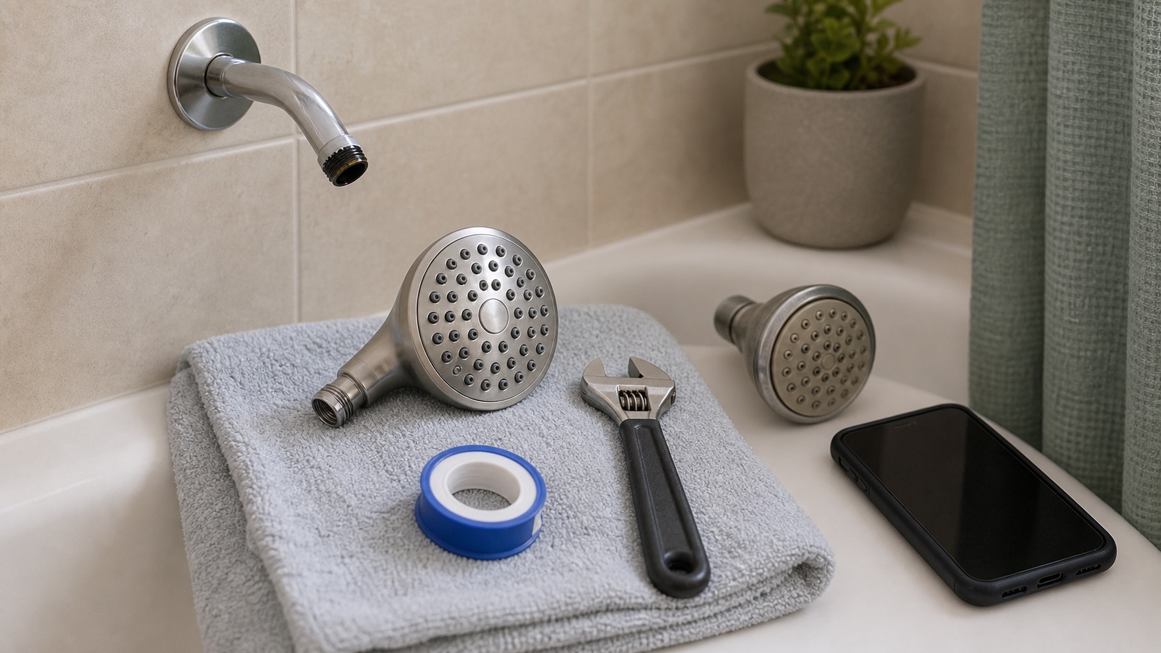 Apartment showerhead area with a towel, adjustable wrench, and plumber tape nearby.