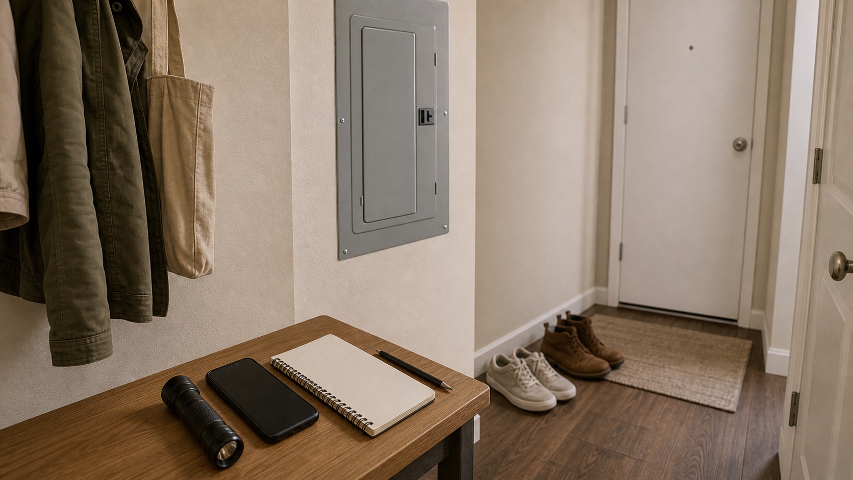 Apartment breaker panel with a flashlight and unplugged appliance cord nearby.