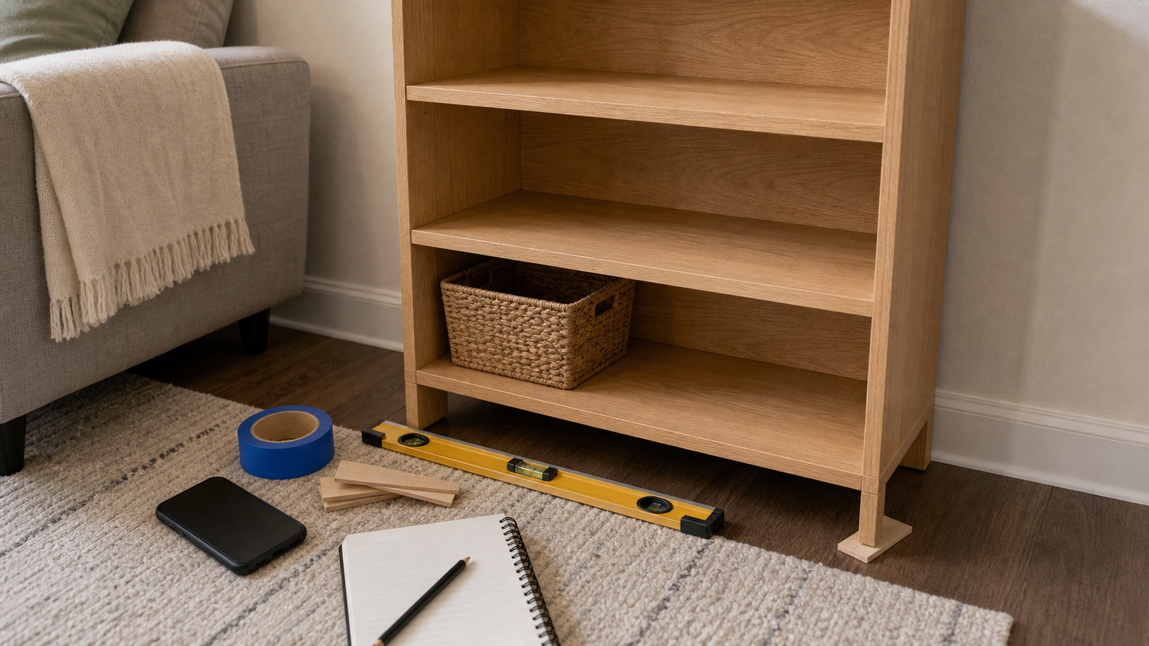 Small bookshelf with a bubble level, plain wood shims, and documentation tools nearby.