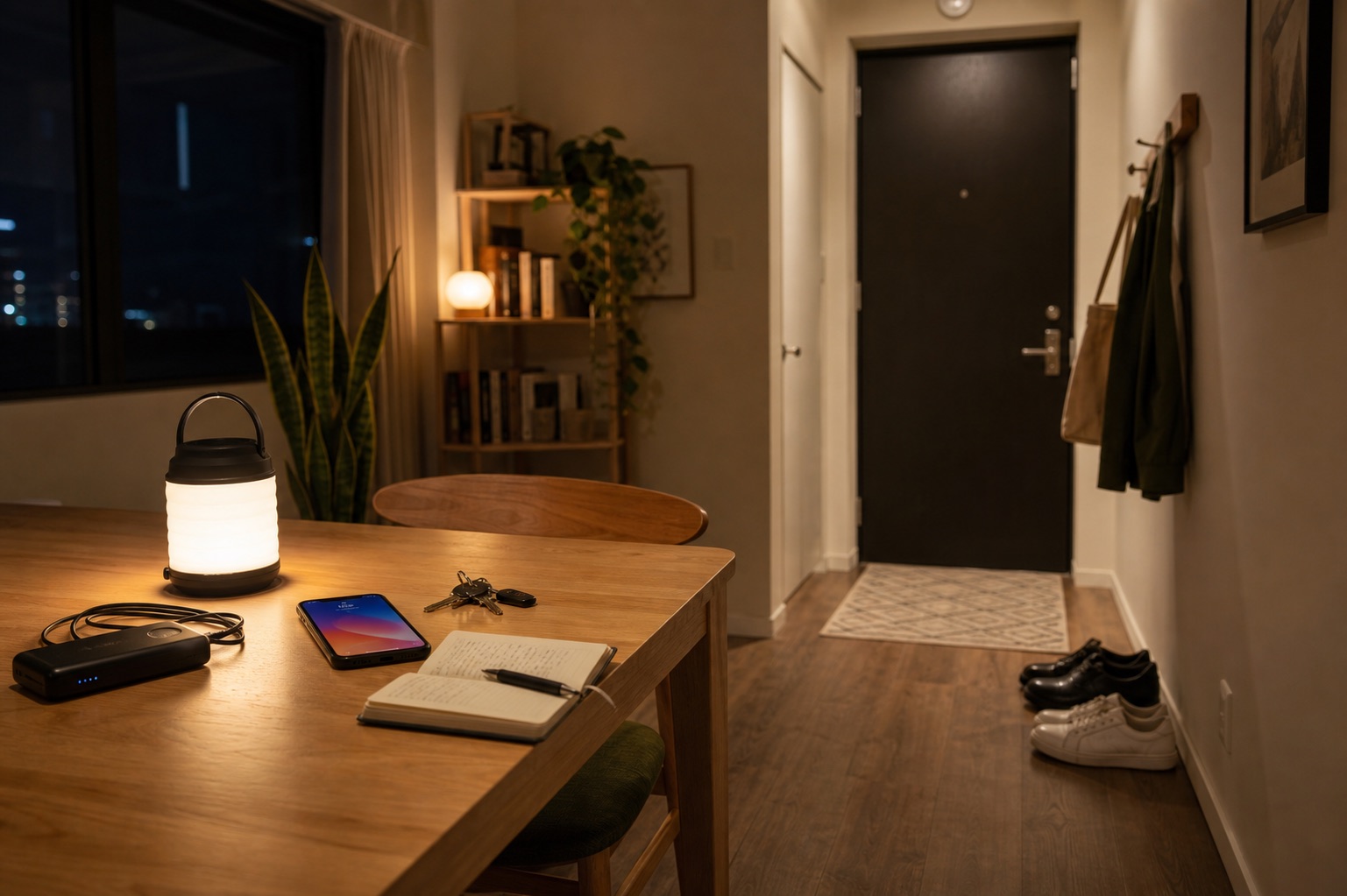Object-only nighttime apartment safety setup with a battery lantern, phone, power bank, keys, notebook, shoes, and a clear path to the entry door.
