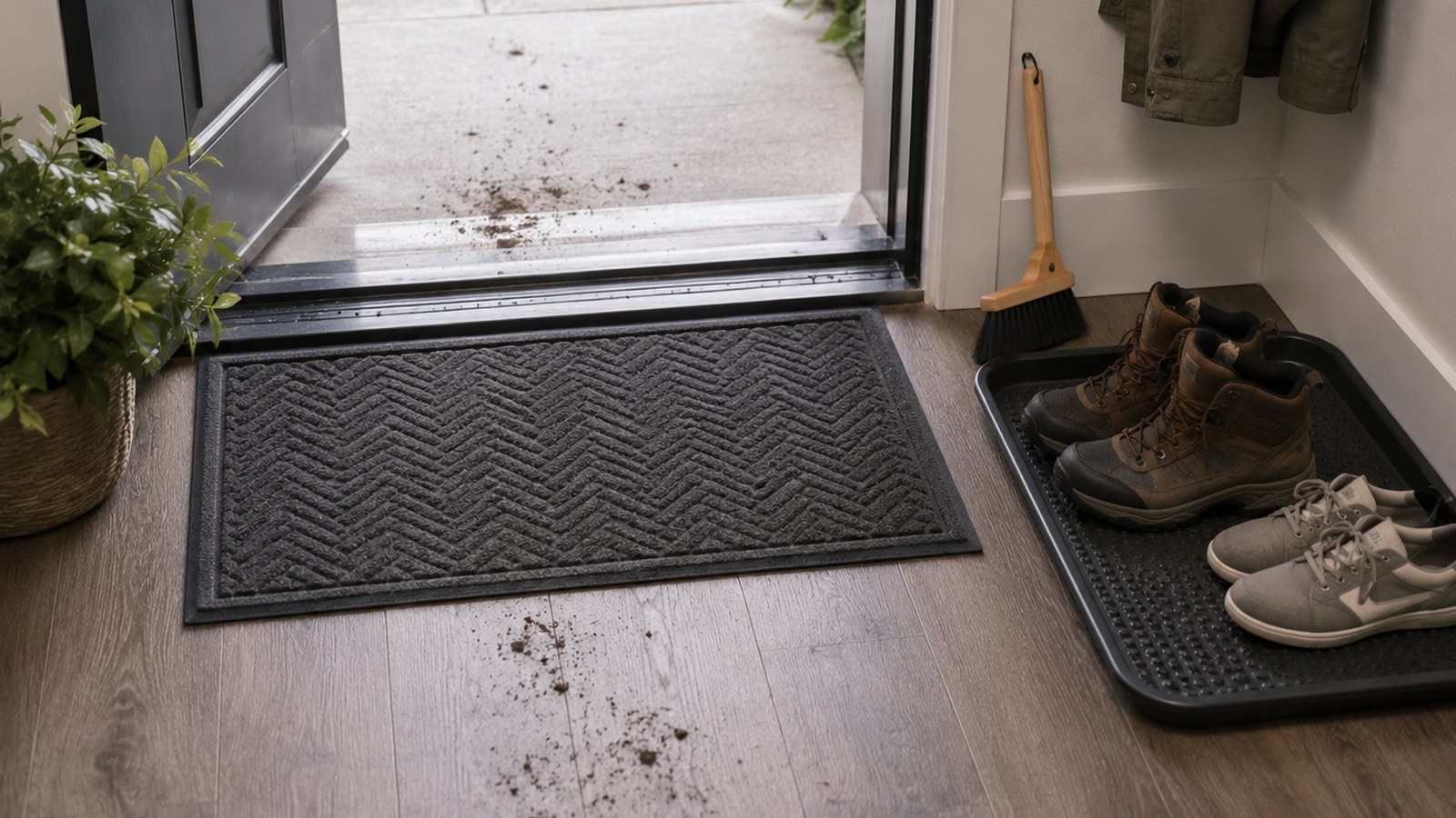 Apartment entryway with washable mat, shoe tray, broom, and a small amount of dirt near the door.