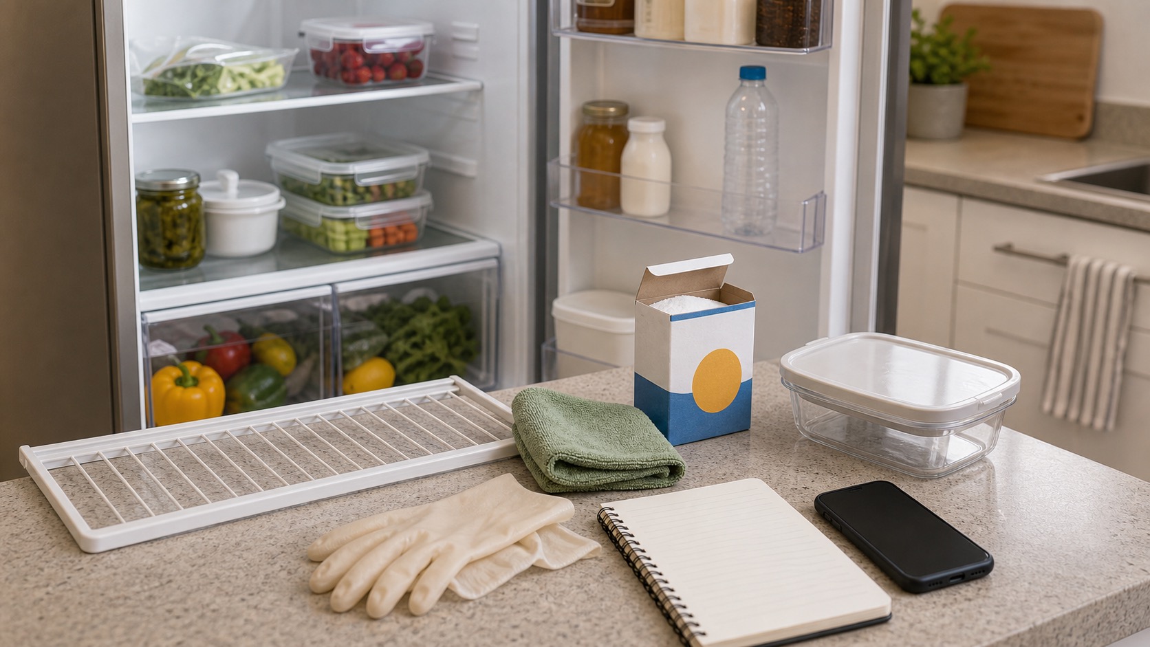 Open refrigerator with organized containers, a microfiber cloth, and odor absorber box.