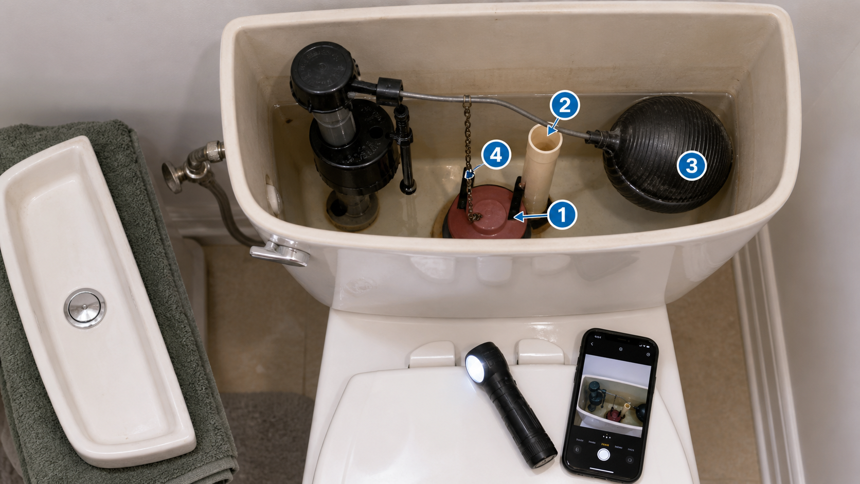Running toilet tank process map showing flapper chain float and overflow tube