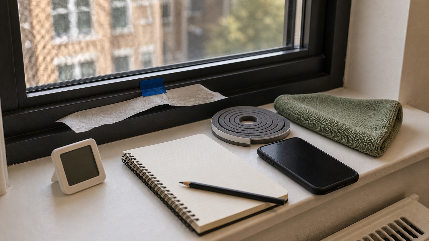 Apartment window sill with removable draft strip, curtain edge, and small thermometer.