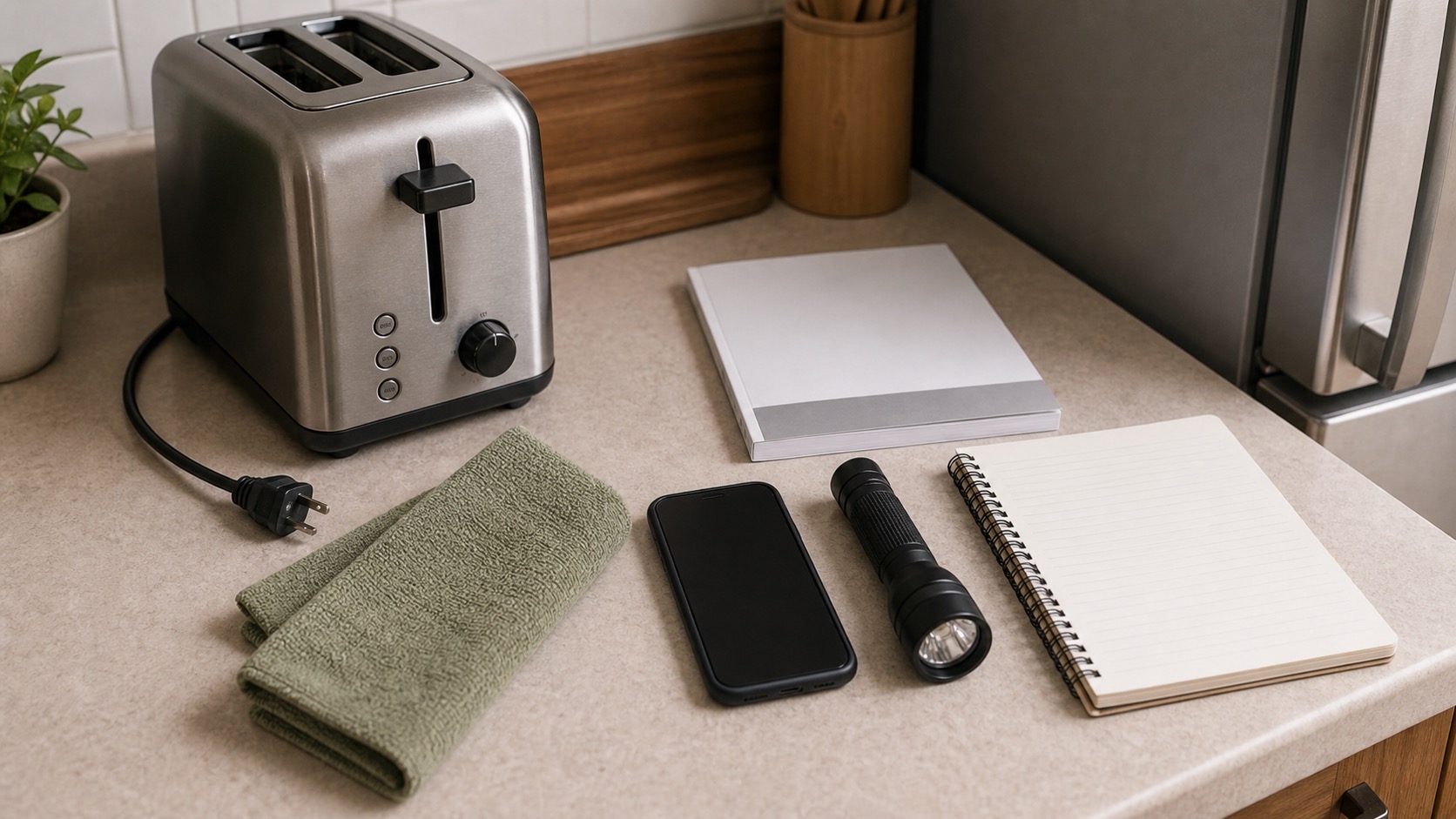 Notebook, phone, flashlight, and appliance manual arranged for documenting an appliance problem safely.