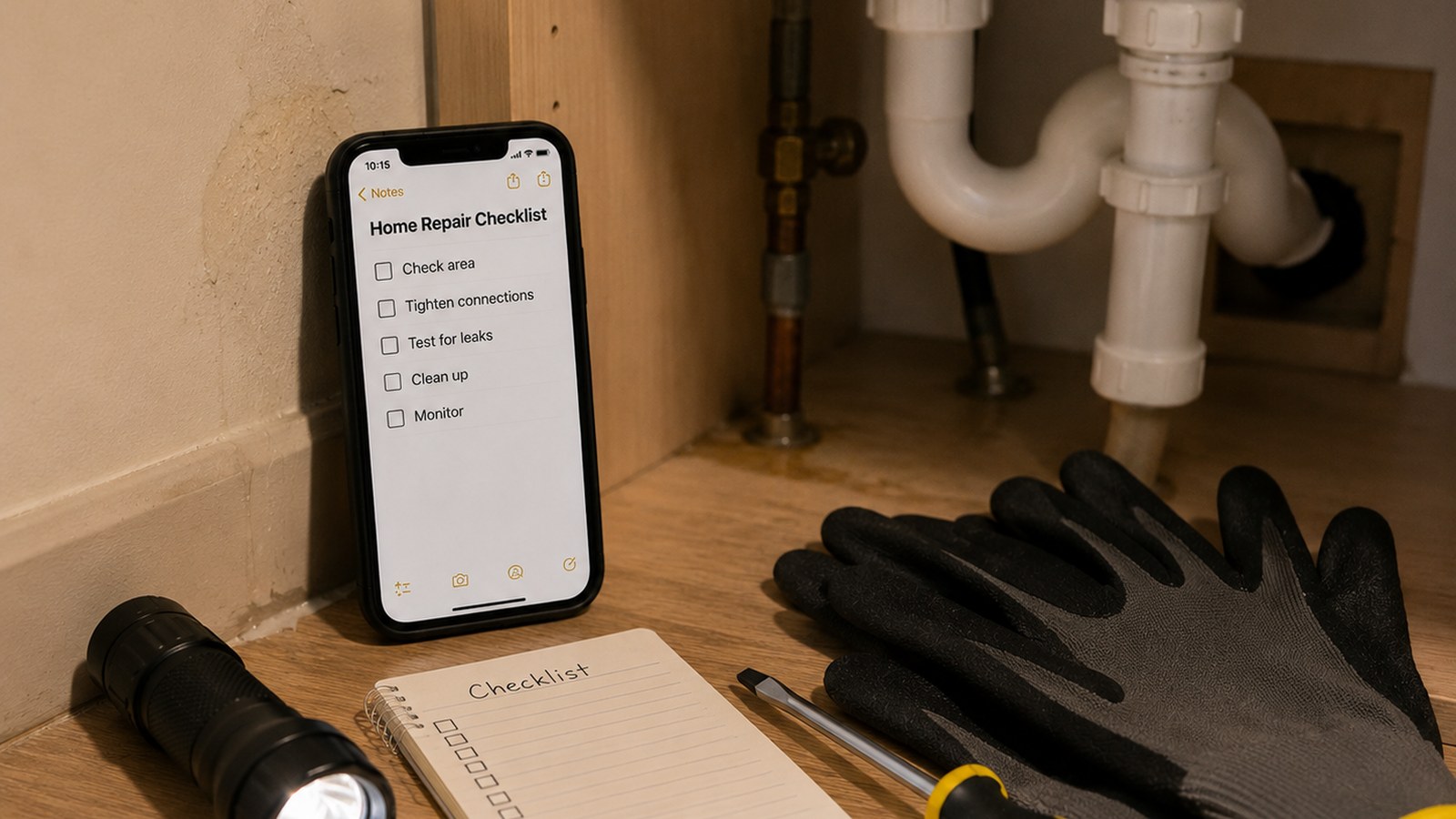 Repair decision setup with a blank checklist, phone, flashlight, gloves, screwdriver, and safety markers.