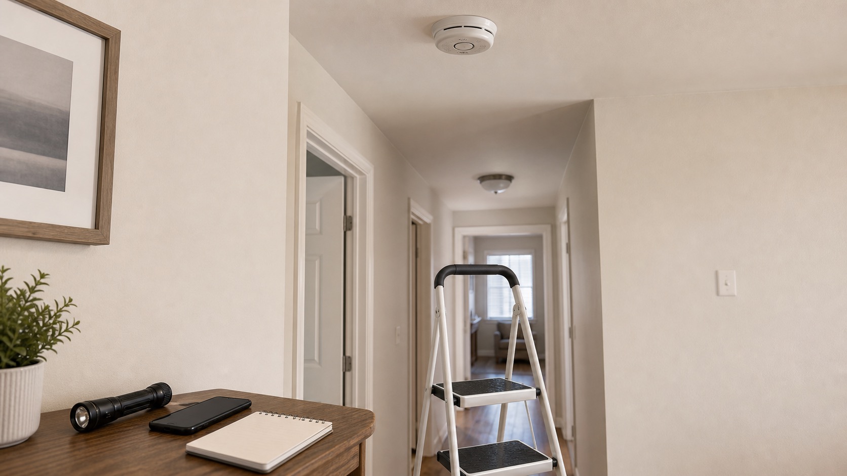 Apartment hallway smoke detector with a step stool and notebook nearby.