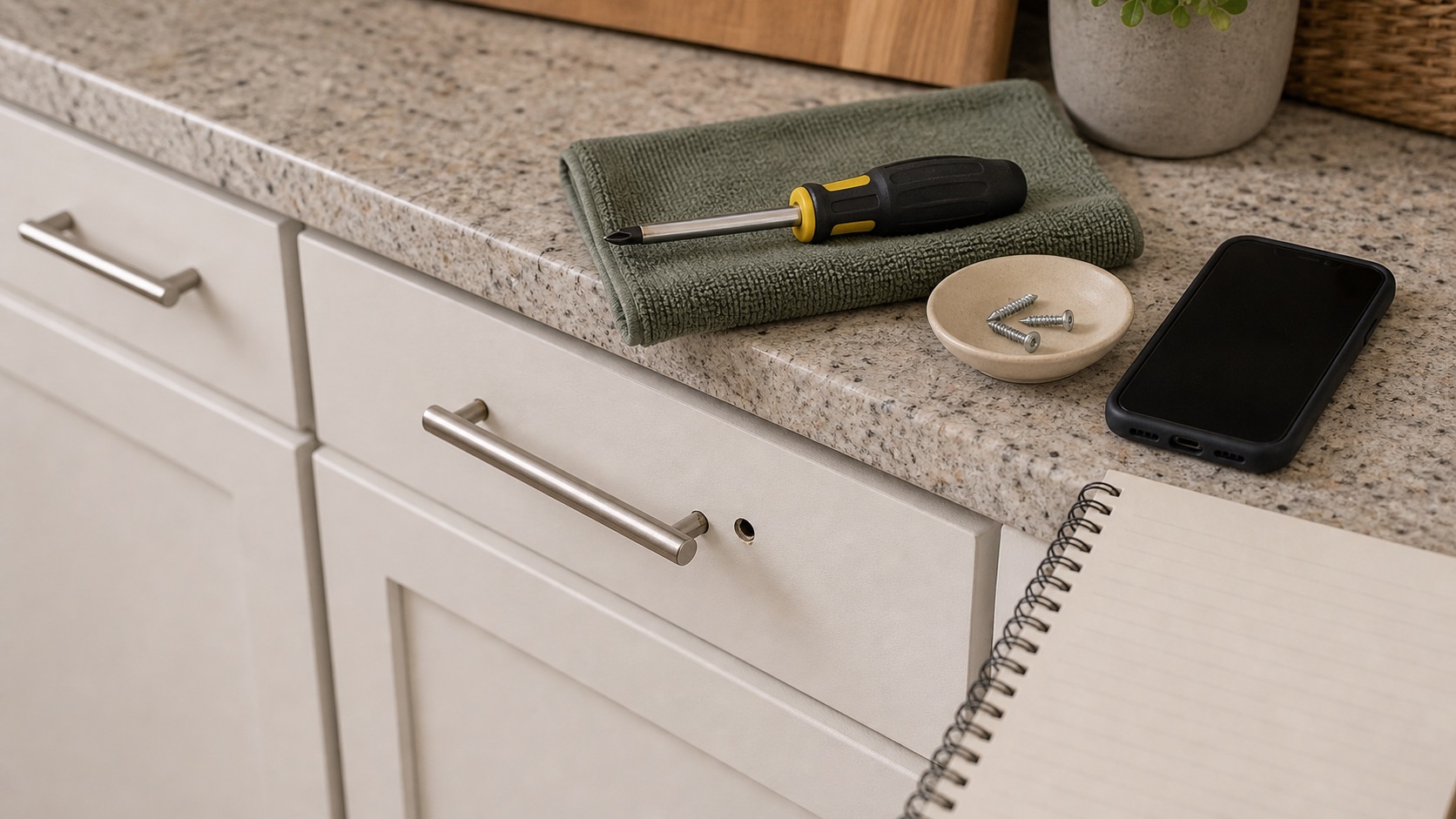 Cabinet drawer pull with a screwdriver, soft cloth, and small bowl for screws.