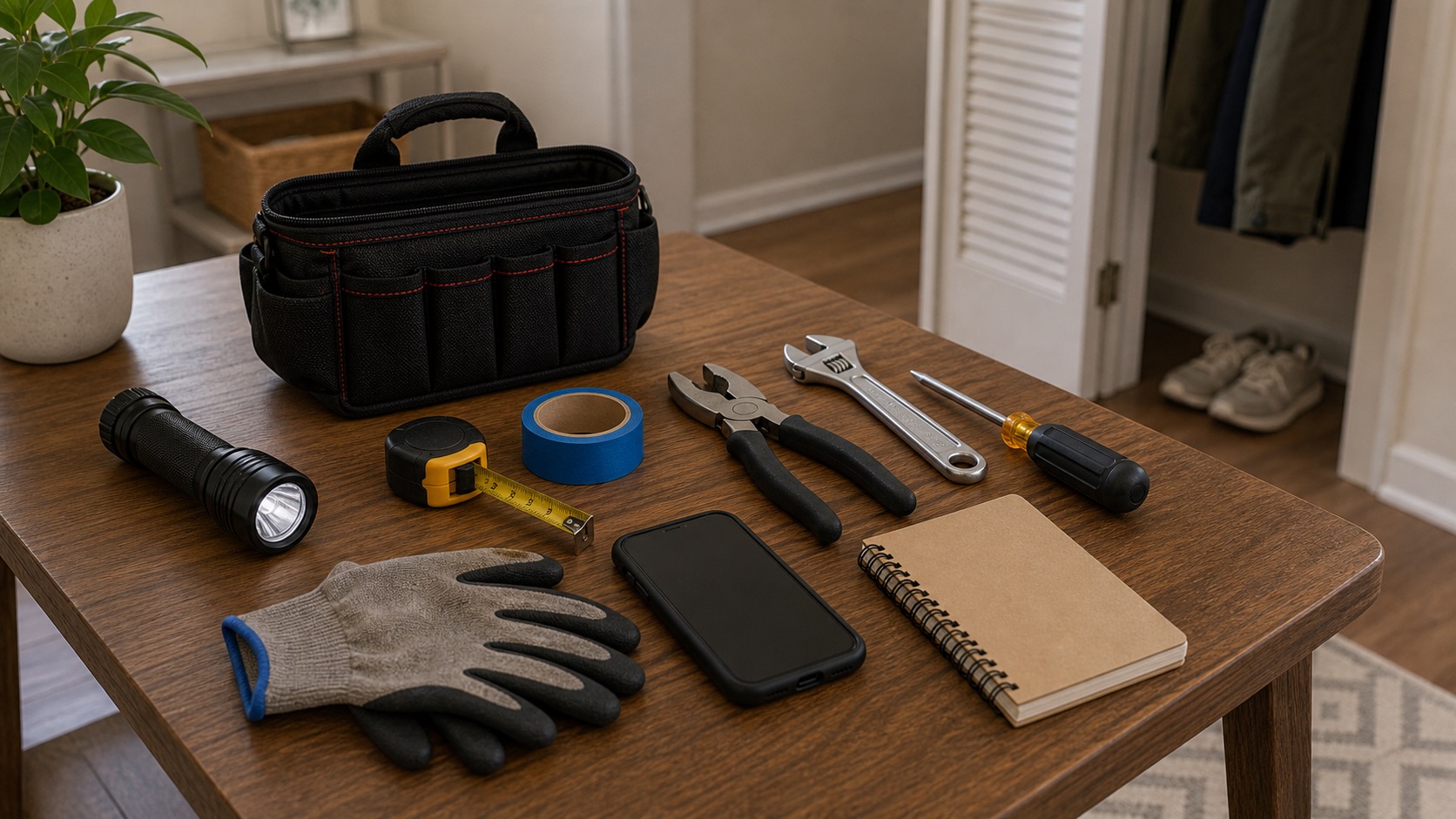 Starter home toolkit arranged on a warm kitchen counter.