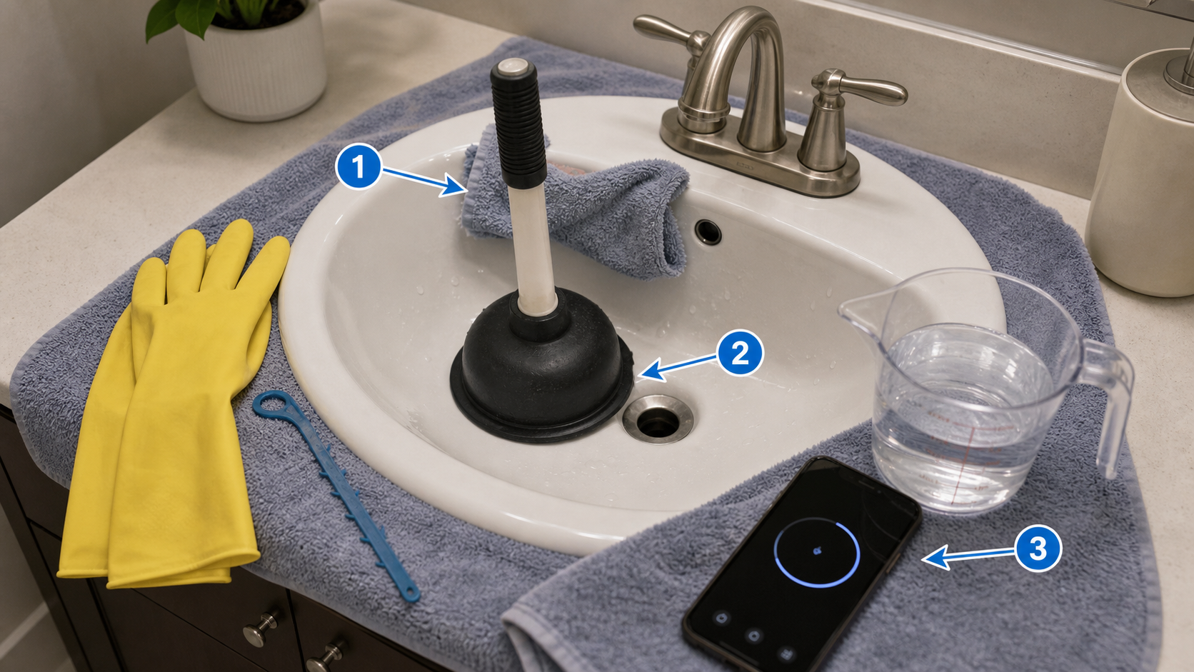 Bathroom sink unclogging process map showing overflow rag and plunger seal