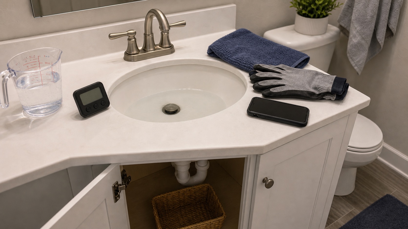Clean bathroom sink with gloves and a small drain tool nearby.