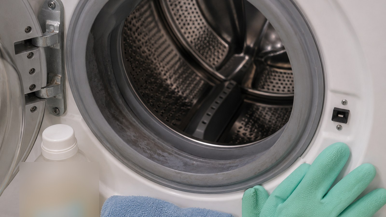 Front-load washing machine door open with the rubber gasket being wiped and a towel nearby.