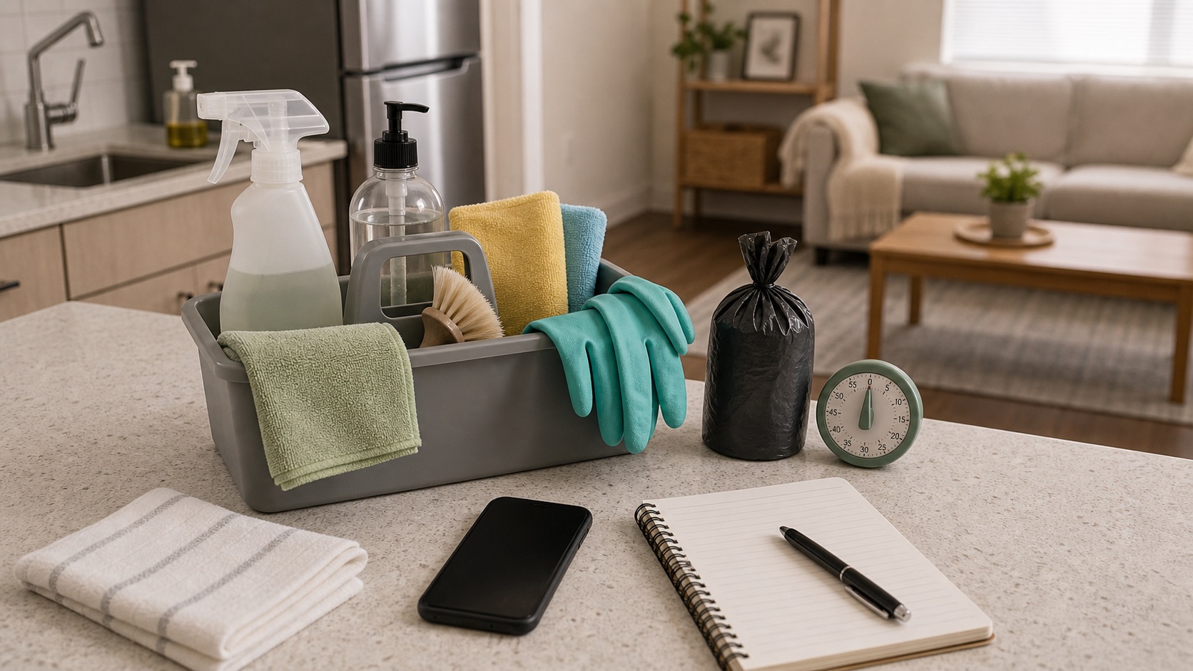 Weekly cleaning setup with a blank planner, spray bottle, microfiber cloths, gloves, and trash bags.