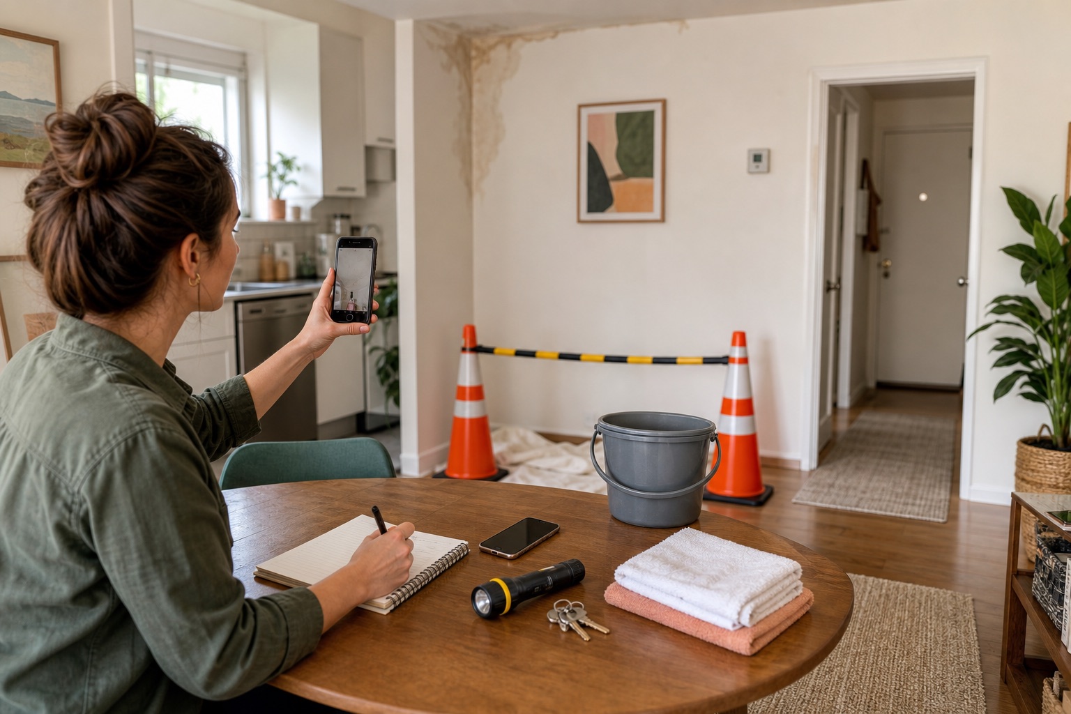 Renter photographing a water-damaged wall area from a safe distance while keeping notes, a flashlight, towels, and a bucket ready on a dry table.
