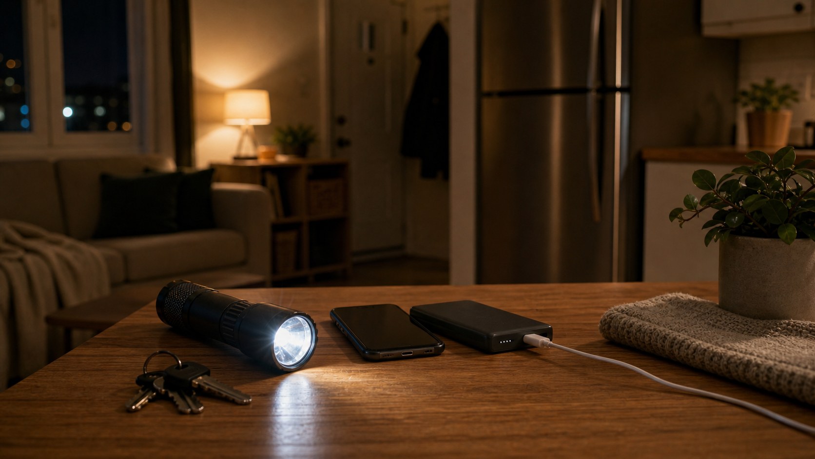 Flashlight, phone, power bank, and keys on a table during a power outage.