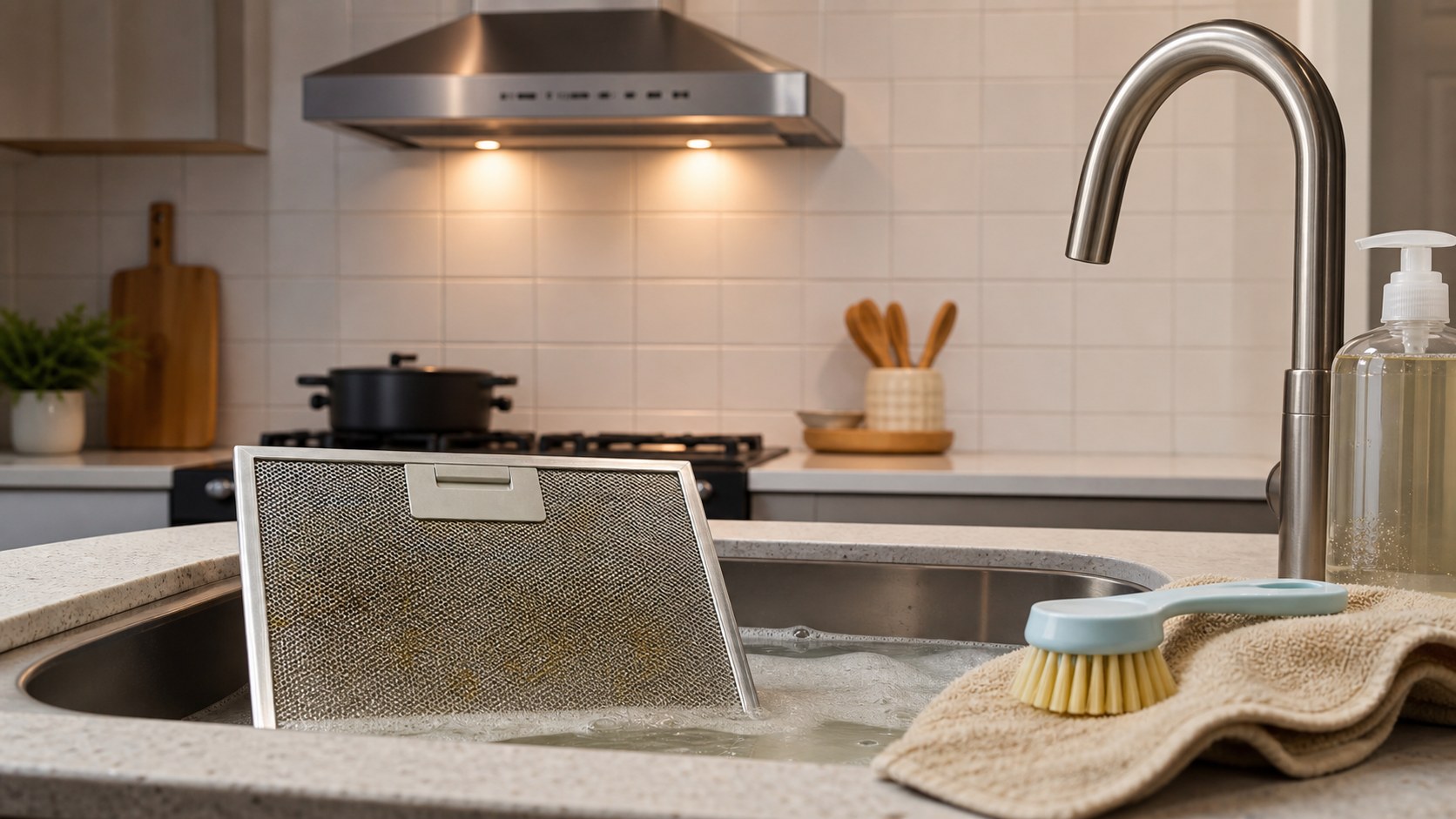 Metal range hood filter soaking in soapy water in a kitchen sink with a soft brush and towel nearby.
