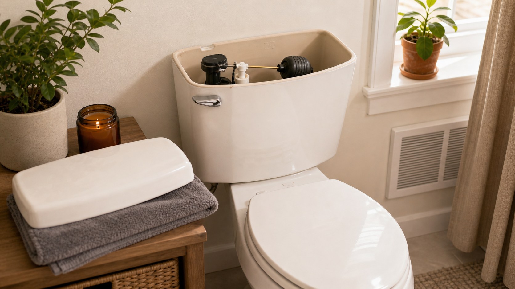 Open toilet tank with the lid set safely on a towel beside it.