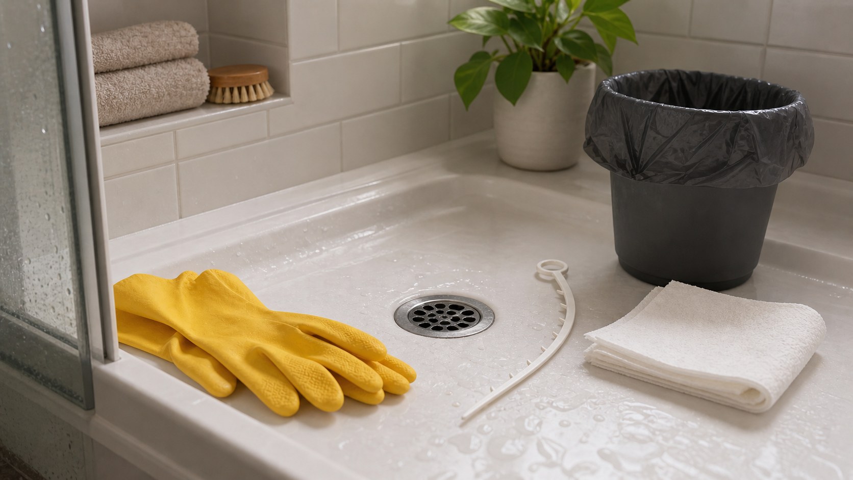 Shower drain with gloves, paper towels, and a small plastic drain tool nearby.
