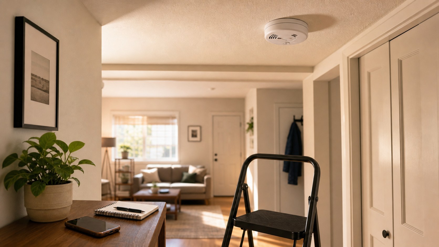 Apartment hallway smoke detector with a step stool and notebook nearby.