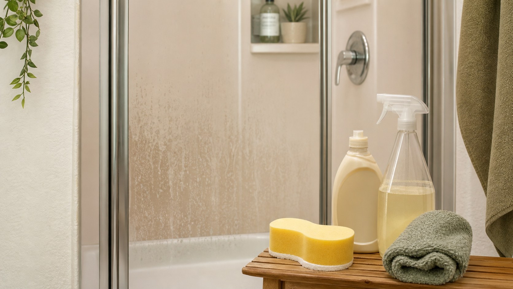 Apartment shower wall with light soap scum, a non-scratch sponge, towel, and mild bathroom cleaning supplies.