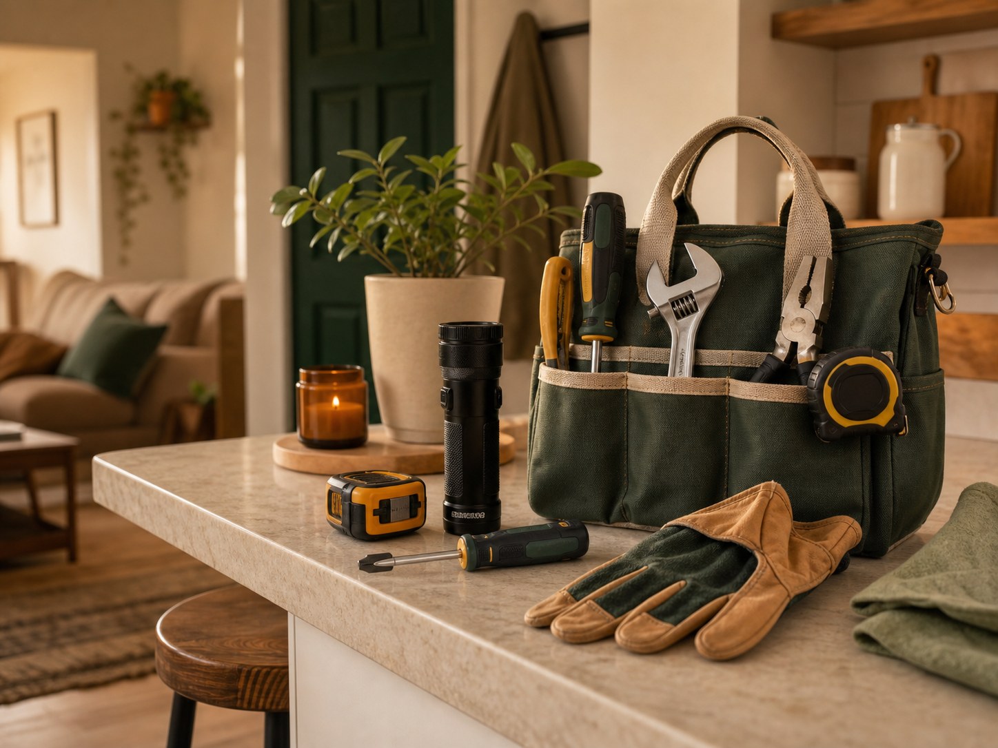 Starter home toolkit arranged on a warm kitchen counter.